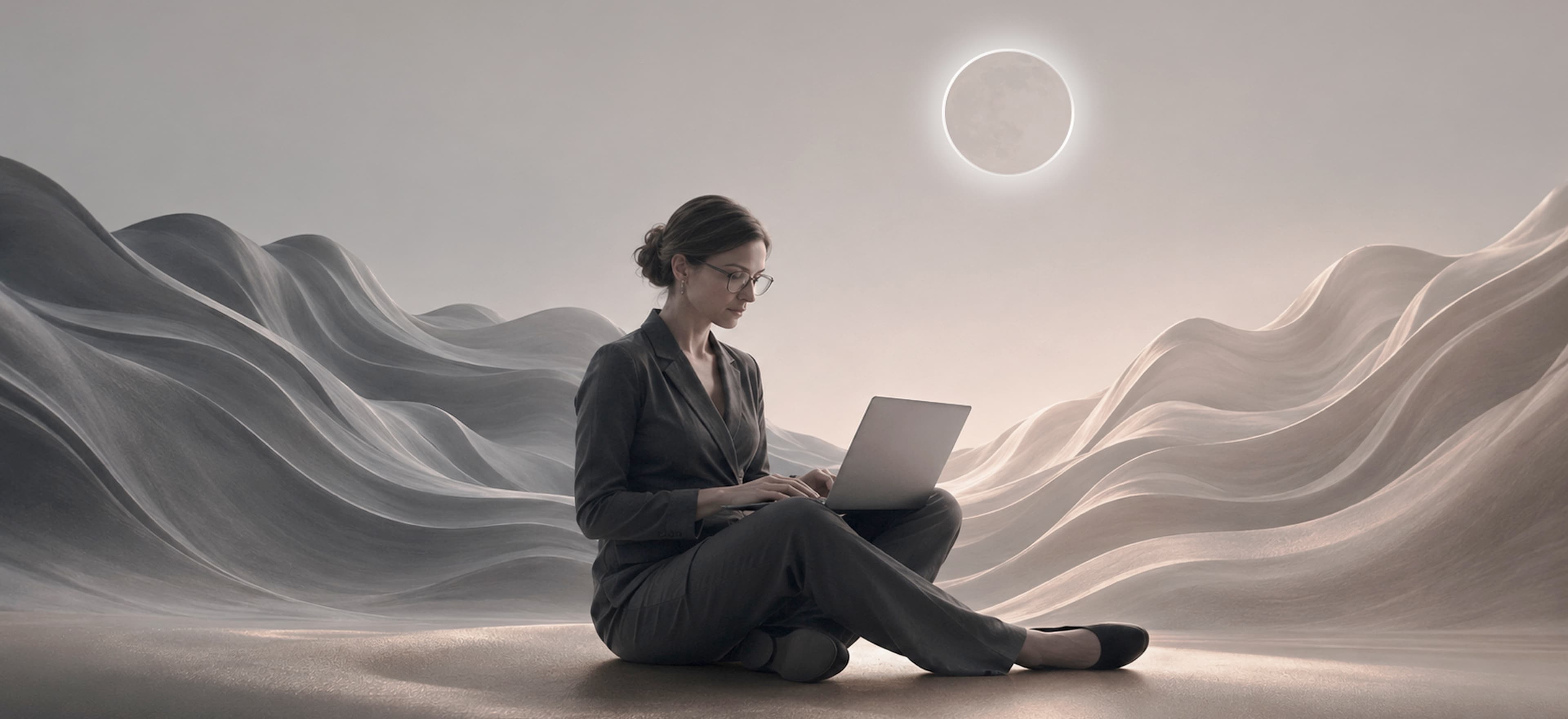 A woman working on a laptop amid soft sand dunes beneath a glowing moon